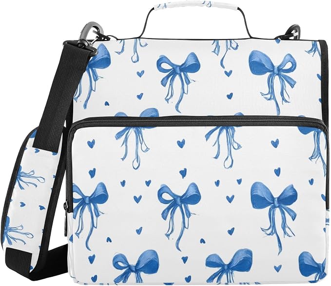 3 Ring Zipper Binder with Shoulder Strap Blue Bows Ribbons Polka Dots 2 Inch Zippered Binder Bag 500 Sheet Capacity Multi Pockets for School Supplies