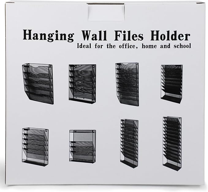 3 Pockets Mesh Wall File Holder Organizer with Bottom Flat Tray, Office Hanging File Folder Magazine Rack, Nametag Label Hooks Set Included, Black