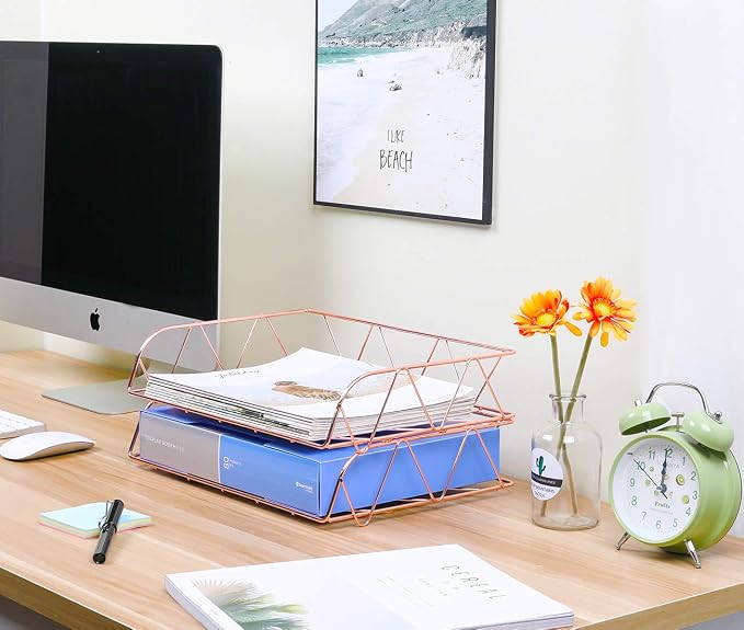 2 Packs Desktop File Organizer Metal Stackable Horizontal Letter Tray Paper Holder Rack, Rose Gold