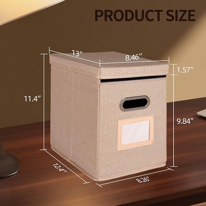 4 Pack Hanging File Folders Organizer with Lid, Letter Size Fabric File Storage Box Collapsible, Portable Office Document Holder with Metal Handle, Smooth PVC Rails, Beige