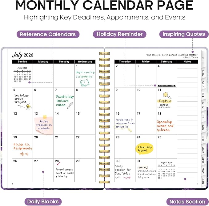 Planner 2026-2027, Monthly & Weekly Jul 2026-Jun 2027 Calendar Book | 6.3" x 8.5", Hardcover Spiral Planner with Tabs, School & Daily Pretty Agenda for Women, Students, Teachers, Violet Surge