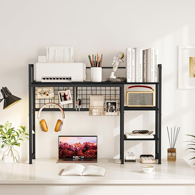Snughome Desk Shelf, 38.6" Desktop Organizer Shelf, Desk Hutch for Computer Monitor, 4 Tier Desk Display Rack with Pegboard Hooks Set, Wood Desktop Bookshelf for Home Office Dorm, Black
