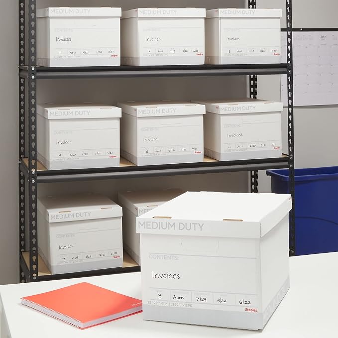 STAPLES Storage & Filing Box, Letter Size, Stackable, 12-Pack, White/Gray | Medium-duty boxes with handles and removable lid for document storage.