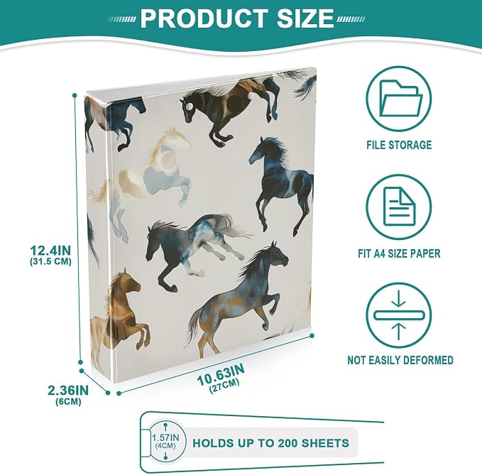 3 Ring Binder Western Brown Horse 1.5 inch Binders Three Ring Binders with Clipboard Fit 8.5'' x 11'' Paper 3 Interior PVC Clear Pockets for Office Supplies