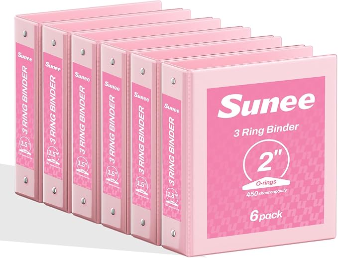 SUNEE 2 Inch Binders 3 Ring 6 Pack, Clear View Three Ring 2" Binders PVC-Free (Fit 8.5x11 Inches) for School or Office Supplies, Pink