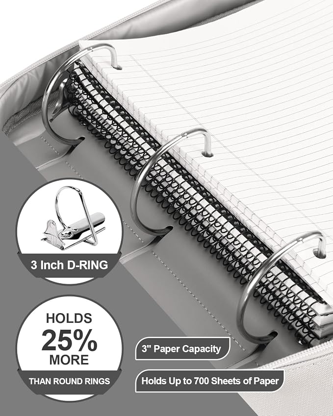 3-Inch 3-Ring Zipper Binder with Shoulder Strap and Multiple Pockets | D-Ring Zip Up Binder with 700 Sheets Capacity, Compatible with 13" MacBook/Tablet, for Middle School, Office, Gray