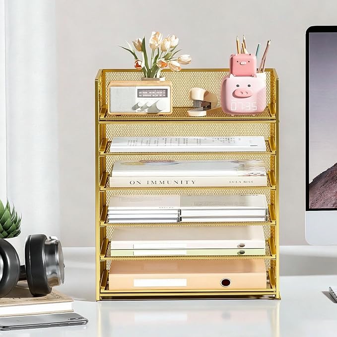 6 Trays Paper Organizer with Handle - Mesh Desk File/Letter Paper Sorter Organizer for Office, Home or School (Gold)