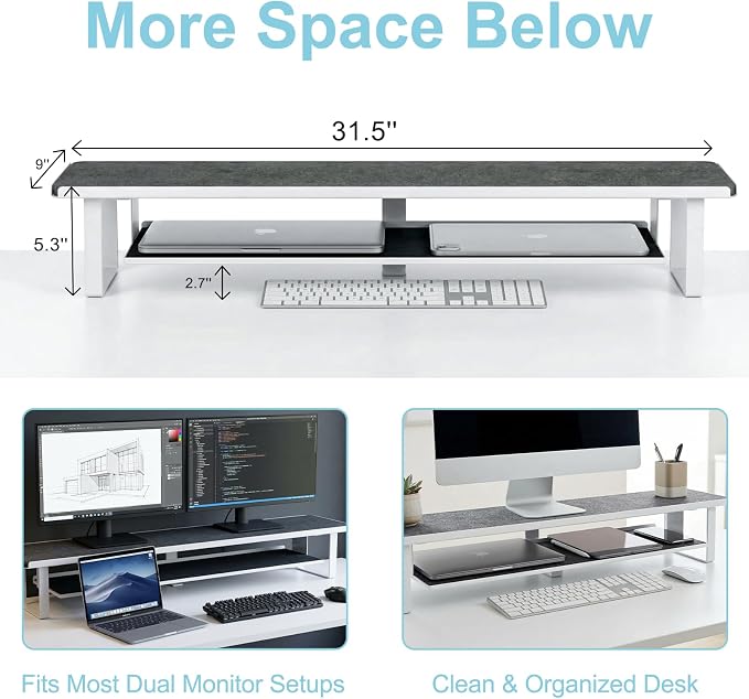 Dual Monitor Stand Riser, 31.5 Inch Extra Wide Thick Heavy Duty Carbon Steel 2 Tier Desktop Organizer with Pull Out Layered Shelf,for Home Office Gaming Curved Monitors