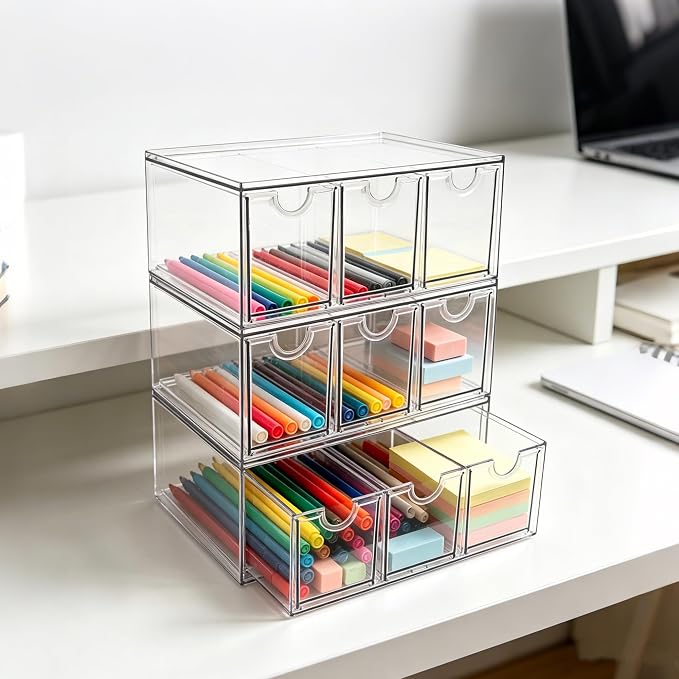 Prsildan Craft Art Supply Organizer Stackable Storage Drawer with 9 Drawers | Clear Acrylic, Tea Bag K Cup Organizer, for Kitchen Office Desk Vanity Makeup Organizer, 3 Pack