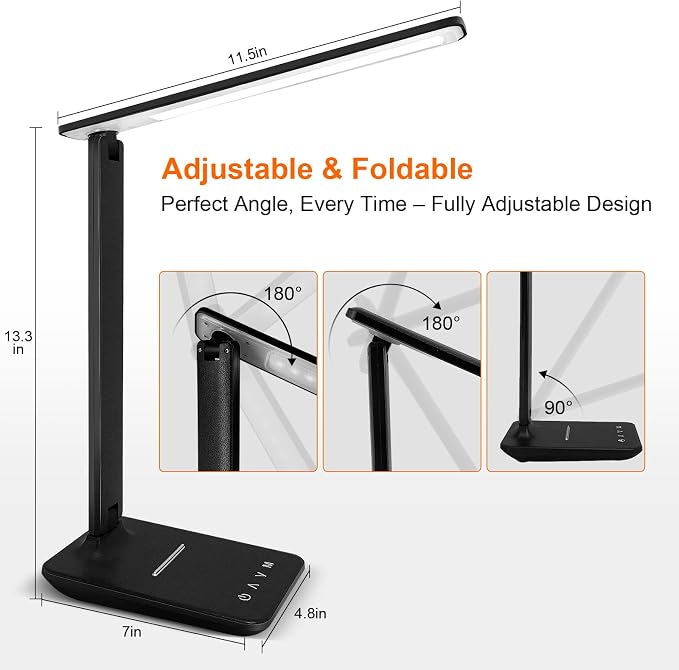 LED Desk Lamp for Office Home, Bright Desk Light with USB Charging Port, Adjustable Dimmable Desk Lamps 5 Modes 5 Brightness, Touch Study Lamp for Nail, Craft, Puzzle, Sewing, Study, Black