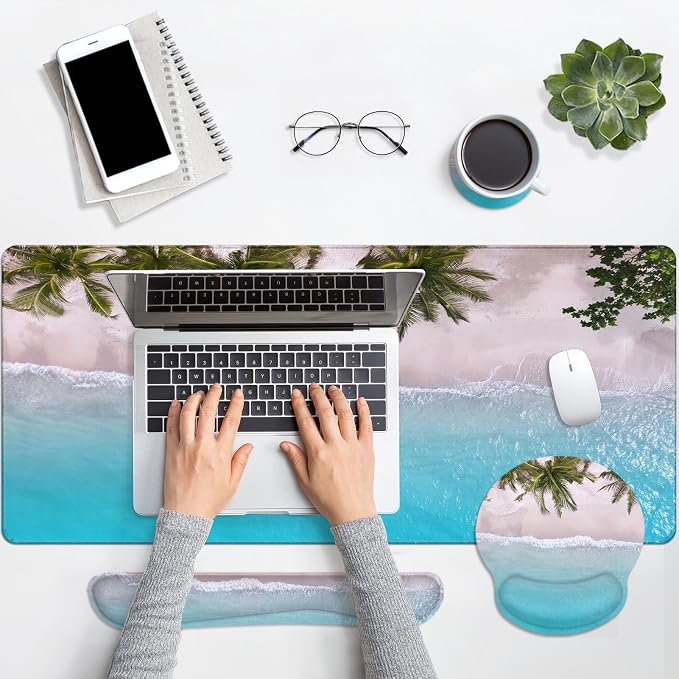 Keyboard Mouse Pad Set, 4 in 1 Desk Mat Set, Ocean Beach Blue | Turquoise Summer Large Mousepad+Keyboard Wrist Rest+Mouse Wrist Rest+Coaster Ergonomic Design for Home Office Computer