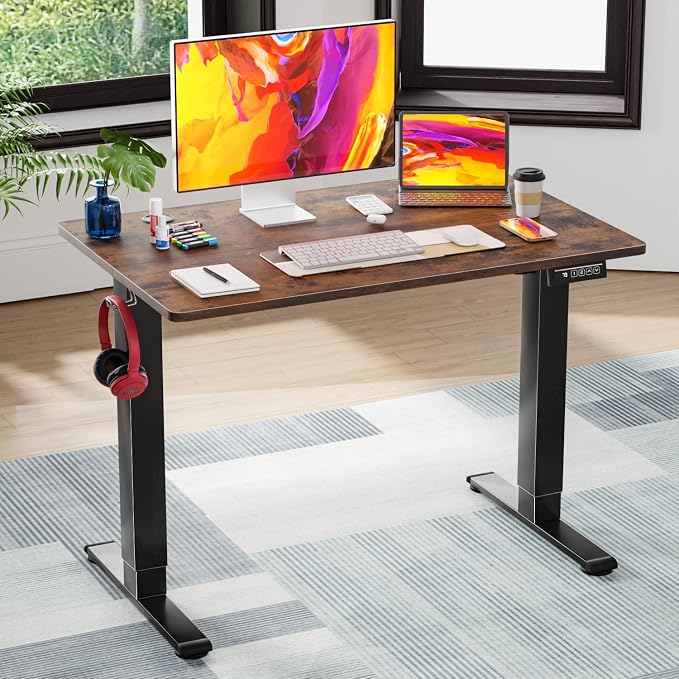 PayLessHere 40 Inch Electric Standing Desk Sit Stand up Desk Home Office Desk with Large Space Headphone Holder 2 Memory Function for Home,Office,Meeting Room (Brown)