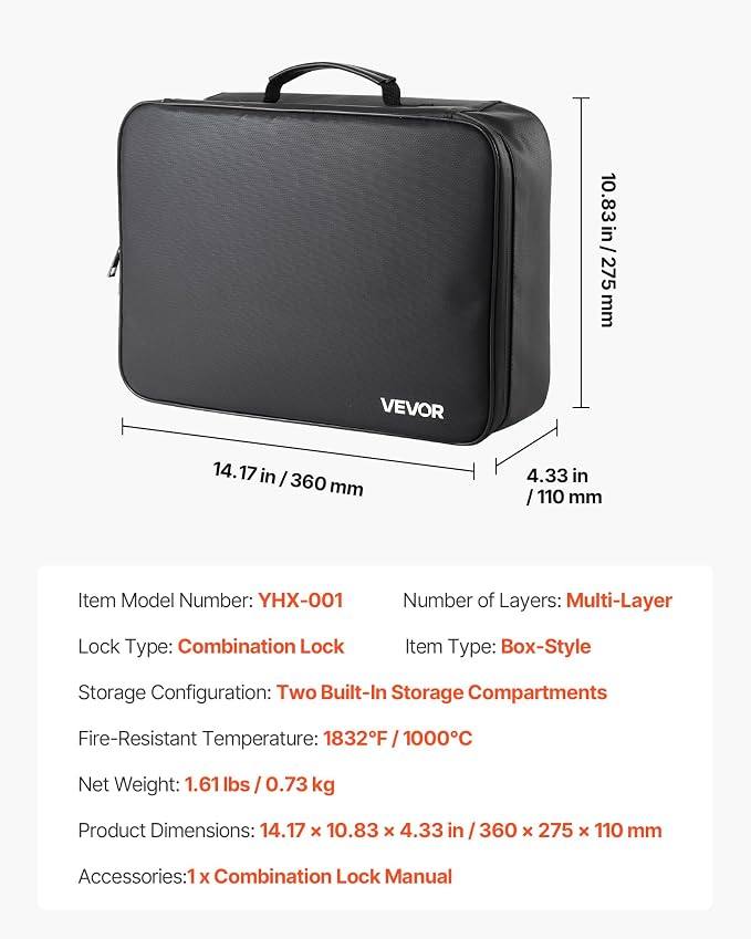 VEVOR Fireproof Document Box, 1832 ℉ Heat Insulated Fireproof & Waterproof Box with Lock, Portable Multi-Layer Home Office Travel File Storage Organizer, for Passports, Important Documents, Files