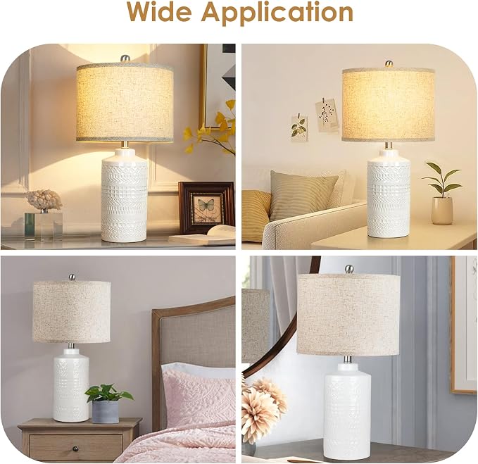 JUNNAI White Ceramic Table Lamp with Beige Shade: 3-Way Dimmable Night Stand Light Lamp 24.5" Modern Table Lamps for Living Room Bedroom End Table Office Entryway Lamps (Bulb Included