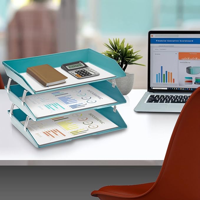 Acrimet Facility 3 Tier Letter Tray, Side Load, Letter Size/A4, Desktop File Organizer, Plastic (Solid Green Color)