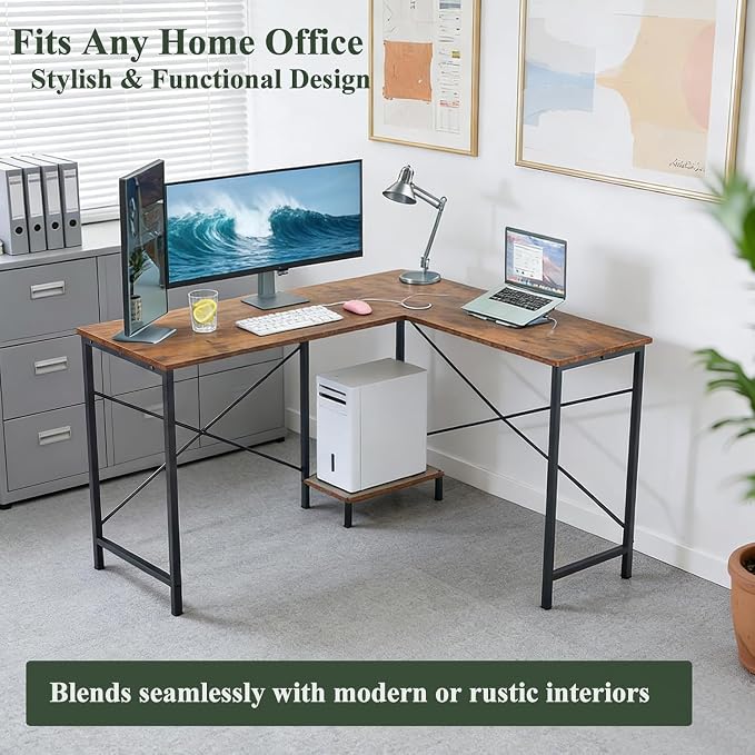 L Shaped Desk Computer Desk, 50inch Brown Gaming Desk with CPU Stand | Reversible Corner Desk, Sturdy Metal Frame, Student Study Writing Table for Home Office