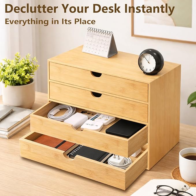 Neando Bamboo Desk Organizer with Drawers, 4-Tier Wooden Desk Organizer, Small Desktop Storage for Office Supplies, Makeup, Accessories, Space-Saving Organizer for Desk, Vanity & Home