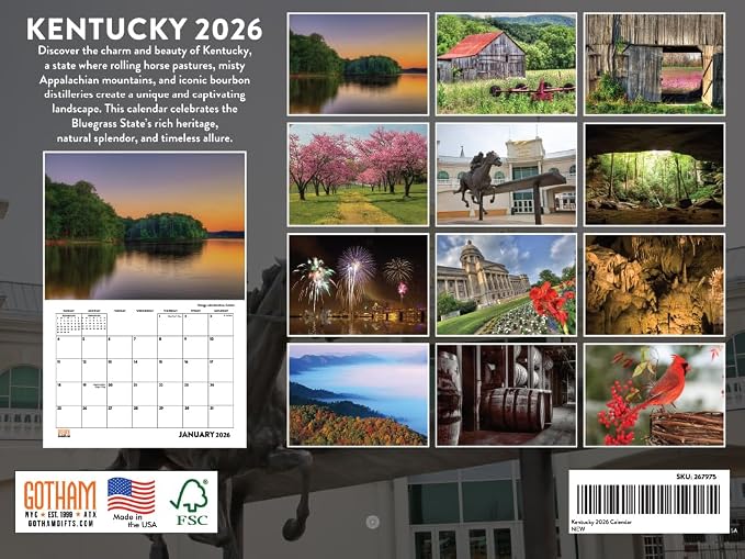 Kentucky Calendar 2026 Wall 12 Month Monthly KY Scenic Souvenirs Themed Gifts | American Made In The USA