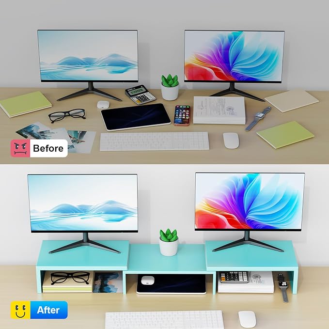 Desk Organizers and Accessories, Dual Monitor Stand Riser, Monitor Desk Shelf for Desktop Organization (Blue)