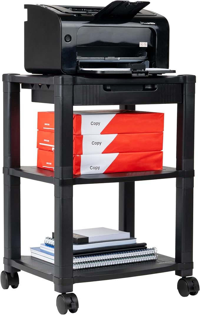 Mind Reader Compact Rolling Printer Cart, Utility Stand with Wheels and Drawer, Space Saving Printer Stand for Home Office, Adjustable 2 or 3 Tier, Black