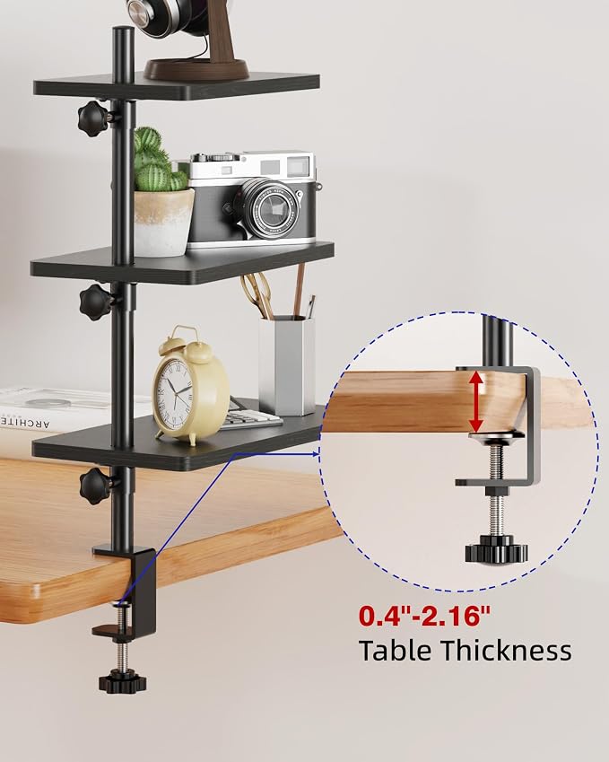 3 Tiers Clamp On Desk Shelf, 360° Angle Adjustable Desktop Shelf Organizer for Home Office Gaming Room, No Drill Desk Extender Adapt to 0.4-2.16 inches Table Thick, Black Brown