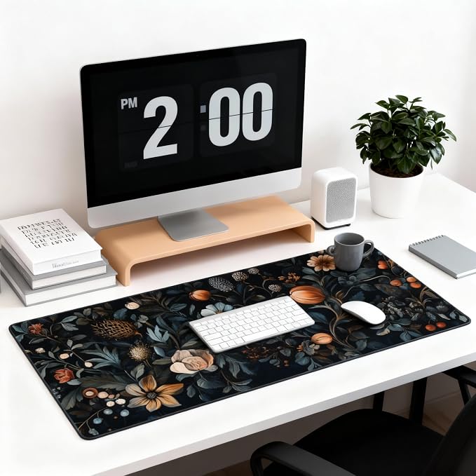 Floral Aesthetic Flower Bud Gaming Mouse Pad, Black Dark Botanical Desk Mat with Anti-Slip Base & Stitched Edges, Office & Home Desk Decor for Women, 35.4" x 15.7" in Computer Desktop Mat
