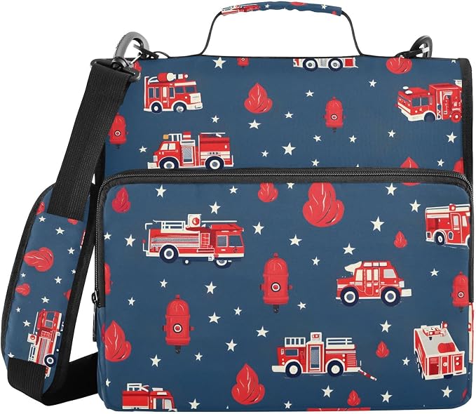 Fire Truck Engine Hydrant 3 Ring Binder Bag 1.5 inch Binder Organizer with Zipper Shoulder Strap 500 Sheet Documents Storage for School Office