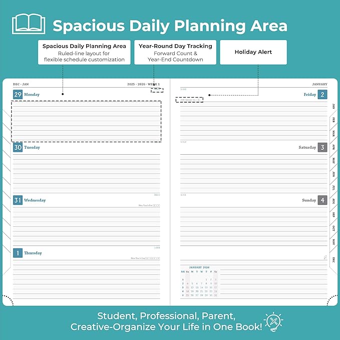 IN-LUXPRO Planner 2026 Daily Weekly and Monthly,11.5"x8.5",12 Months Spiral Bound Calendar Agenda with Self-adhesive Pen Holder,2026 Appointment Book with Vegan Leather Soft Cover,Light Blue