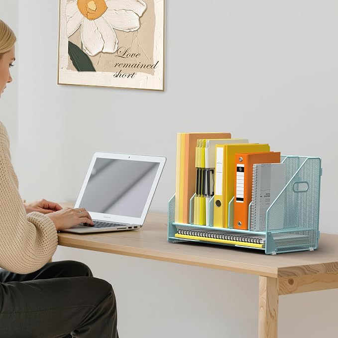 Docnest Mesh Desk File Organizer, 5 Vertical Compartment Box Sorter, Blue | Features 4 removable middle dividers for custom spacing and a bottom letter tray to hold paper, mail, and documents
