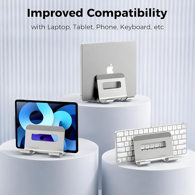 Aluminum Vertical Laptop Stand for Desk, Auto-Locking Adjustable Dock Holder with Dual Slots for Tablet & Phone, Space-Saving Upright Organizer Fits MacBook Pro/Air, Dell, HP, Chromebook (Silver)