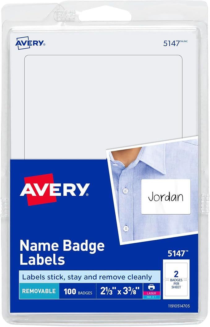 Avery® Customizable Name Tags, 2-1/3" x 3-3/8", White, 100 Removable Name Badges (05147)