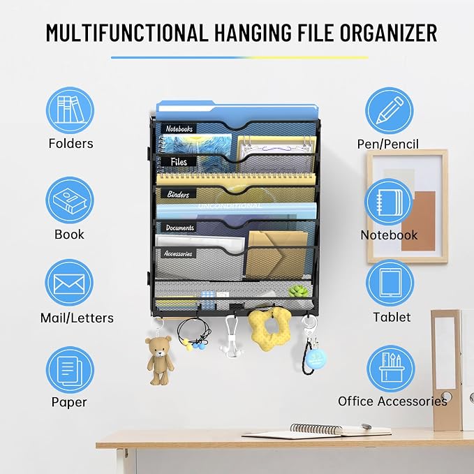 6-Tier Wall File Organizer with Hooks, Hanging File Organizer | Metal Mesh Mail Organizer, Wall Mounted File Organizer for Home, Classroom, Office Organization