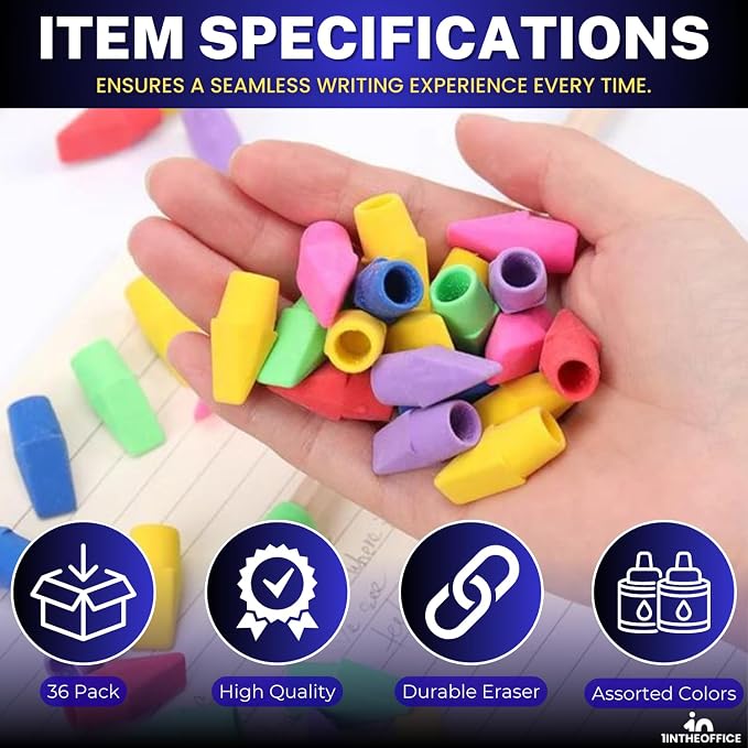 1InTheOffice Pencil Cap Erasers, Assorted Colors, Arrowhead Caps Tops Eraser, Eraser Cap for Art, Pencil Cap Set, 12 Pack (Assorted Colors, 36 Pack)