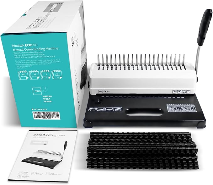 Binditek Binding Machine, Punch 12 Sheets, 450 Sheets, Adjustable Margin | Comb Binding Machine, 19-Hole, Punch 12 Sheet, 145 Sheets, with 100 Pcs 1/2" Comb Spines, for Letter Size, A5 or Smaller Size