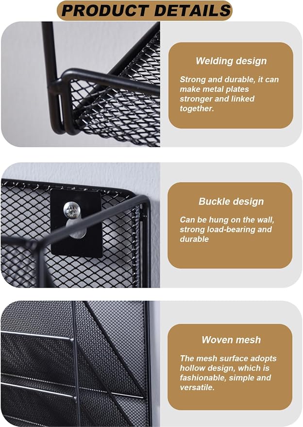 5 Tier Mesh Wall File Organizer,3 Pockets vertical Mount Hanging Organizer with Top/Bottom Tray | 2 Hooks | Wall Mount & Door Hanging for Office Home