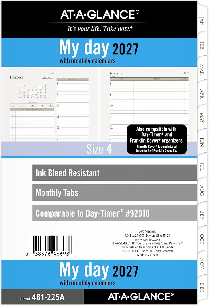 AT-A-GLANCE 2027 Planner Refill Daily & Monthly, 5.5" x 8.5", Desk Size 4, Two Page Per Day Refill, 7-Ring Loose-Leaf (481-225A-27)
