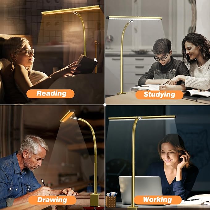 Airlonv LED Desk Lamp with Clamp, 17" Stepless Dimming Light, Gold | 2700K-6500K, 100 LEDs, 360° Gooseneck, Fits Up to 30" Monitors, Flicker-Free Lighting for Home Office, Study& Workbench