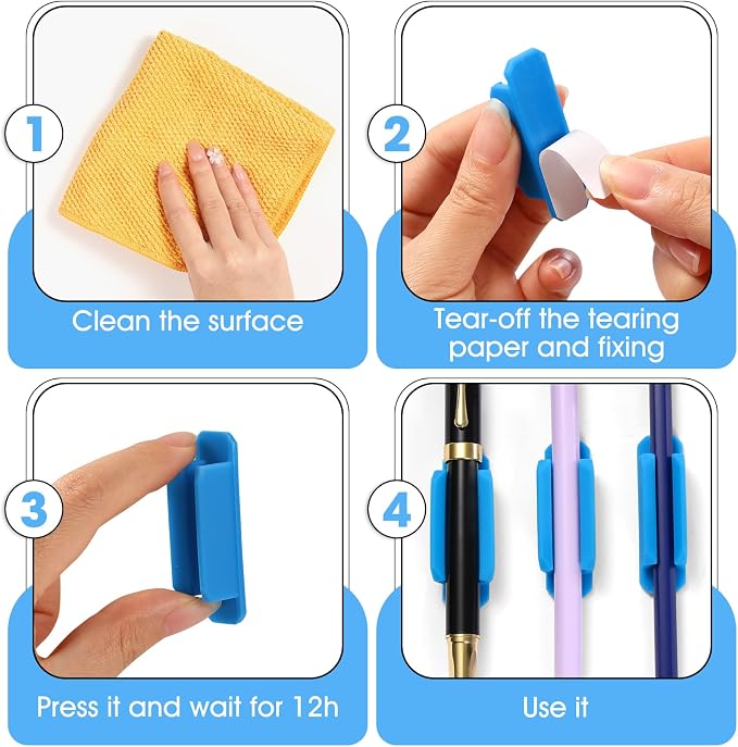 VZZNN Adhesive Pen Holders for Desk Set of 40 - Reusable Silicone Pencil Grips with Strong Sticky Pads, Flexible Pen Holder for Wall, Clipboard, Notebook, Office Essentials & Teacher Supplies (Blue)