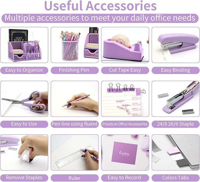 Purple Desk Organizers and Accessories,12Pcs Pink School Supplies for Girl | Office Supplies for Women Coworkers Students, Include Stapler, Pen Holder, Tape Holder, Scissors, Ruler, Staple Remover