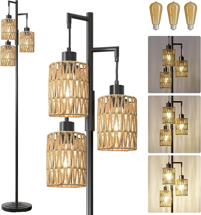 70" Floor Lamps for Living Room, Stepless Dimmable Boho Floor Lamp with 3 Bulbs, Tall Farmhouse Industrial Corner Standing Tree Lamp for Bedroom, Office, Study Room, Dining Room, Black