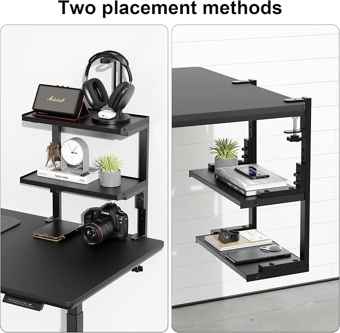 2-Tier Desk Shelf | Desk Organization Expandable Clamp on Desk Shelf Desktop Accessories for Offices and Game Rooms (Black)