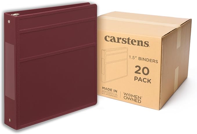 Carstens 1.5-Inch Heavy Duty 3-Ring Binder - Side Opening, Wine, Durable Plastic, No-Gap Rings, Waterproof Cover, No Pockets, Holds 250 US Letter Sheets, BPA-Free, Made in USA (2021-3R), Case of 20