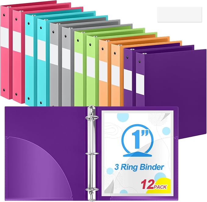 Henoyso 1 Inch 3 Ring Colored Binders Soft Flexible, 8.5'' x 11'' Plastic Floppy Binders Bendable with 2 Pockets, Colorful Binder Bulk for School Office Business ，12 Pack (Assorted Stylish Color)