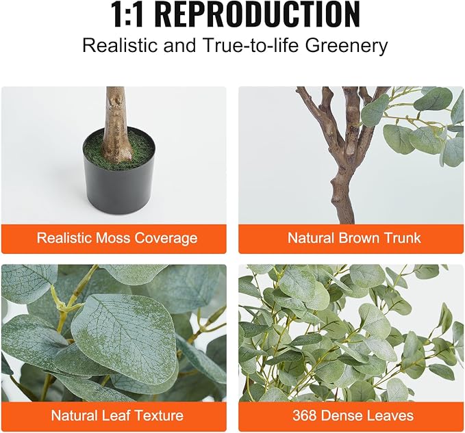 VEVOR Artificial Eucalyptus Tree, 6 FT Faux Plant, Secure PE Material & Anti-Tip Tilt Protection Low-Maintenance Plant, Lifelike Green Fake Potted Tree for Home Office Christmas Decor Indoor Outdoor
