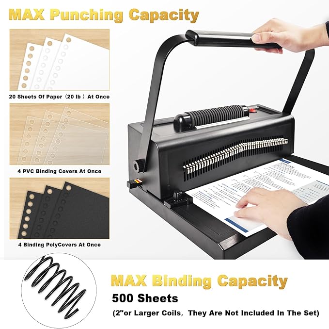 HOUYEE Spiral Coil Binding Machine with 100 Pack 3/8"(10mm) Coils & Pliers | 4:1 Pitch, 20 Sheet Punch Capacity, Quick Electric Coil Insert, 46 Disengaging Pins, Adjustable Margin,Fit Letter Size/A4/A5