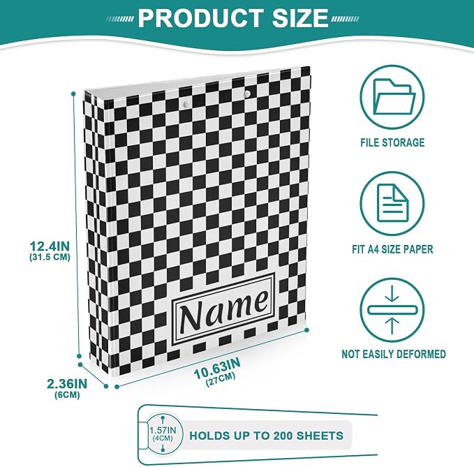 Custom 3 Ring Binder Black White Checkered Pattern 1.5" Round Ring Binders Personalized Name View Binder with 200 Sheet for Women Men Office Kids School Supplies, 1 Pack
