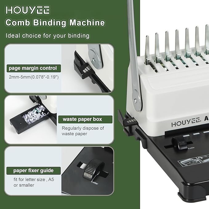 HOUYEE Comb Binding Machine,19 Holes, with 50 PCS 1/2" Binding Combs Spines | Comb Binder Machine for Letter Size/A5, Easy Punch No Jam, Heavy-Duty Metal Build, Adjustable Margin, MAX Binding 450 Sheets
