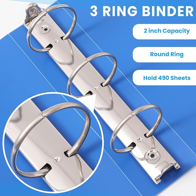 Henoyso 2 Inch 6 Pack Mini Clear View 3 Ring Binders for 5.5"x8.5",Blue | Holds 490 Sheets, Clear Front Covers, Flexible Plastic Binder Bulk, Three Round Rings, School Office Report Filing, Planners