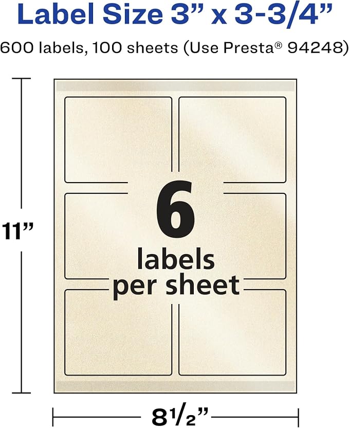 Avery® Pearlized Ivory Rectangle Labels, Sure Feed® Technology, Print-to-The-Edge, 3" x 3.75", 600 Pearlized Ivory Labels, Laser/Inkjet Printable