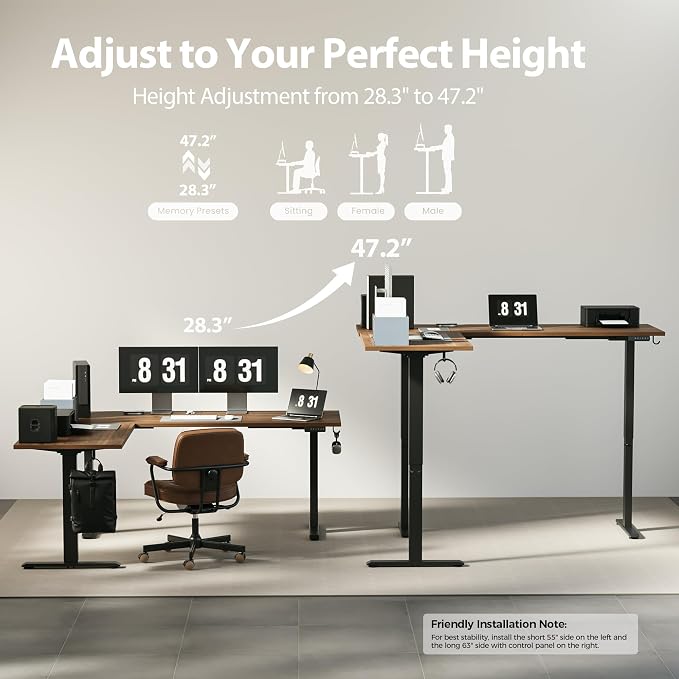 Agilestic 73 x 61 Inch L Shaped Electric Standing Desk, Dark Walnut | Tripple Motor, Corner Desk, Ample Workspace, Memory Presets, Hooks, Stable Steel Frame, 265 lbs, Splice Board